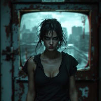 A defiant woman stands in a dimly lit, industrial setting, her fierce gaze unwavering. The backdrop hints at a desolate city, echoing the quote, I’d rather die than be your prisoner.