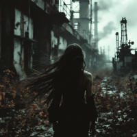 A woman stands with her back to the viewer in an abandoned industrial area, her flowing hair contrasts against the dark, smoky background, embodying defiance and strength.