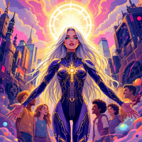 A radiant figure stands with outstretched arms in a vibrant cityscape, surrounded by diverse friends, embodying the beauty of friendship as expressed in the quote about its importance.