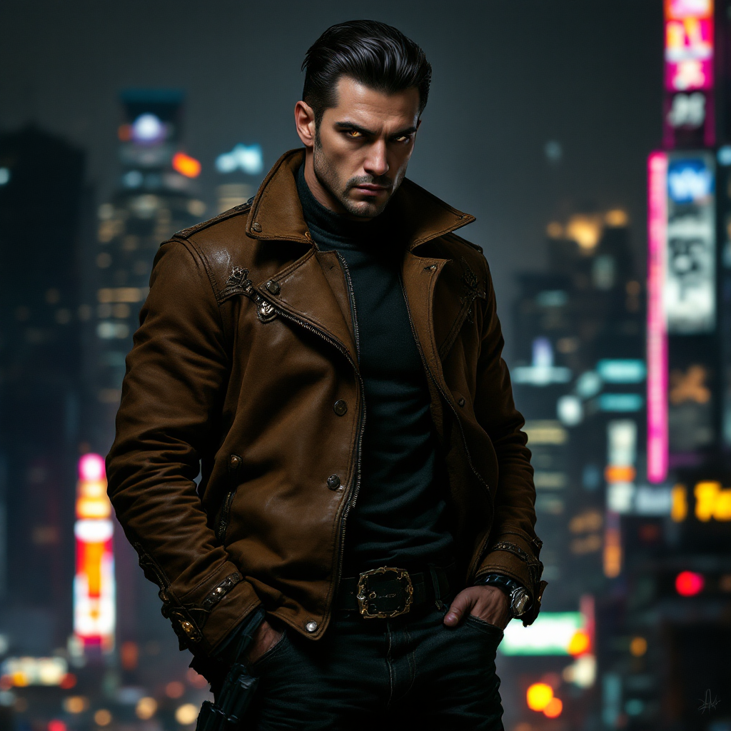 A tall, dark-haired man in a brown leather jacket stands in a vibrant cityscape at night, embodying a sense of unease and introspection.