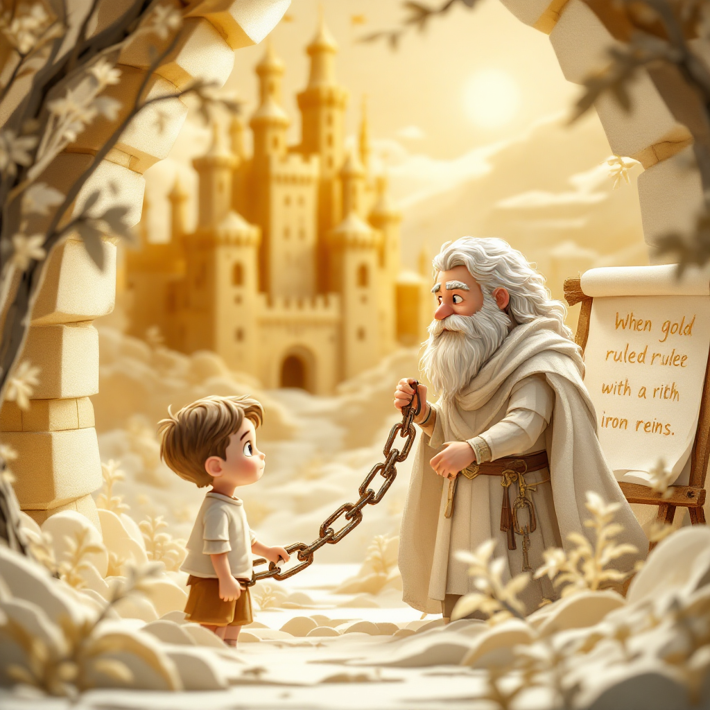 A wise, bearded figure hands a chain to a young boy in a dreamlike landscape, with a castle and an inscription reflecting on power and dreams in the background.