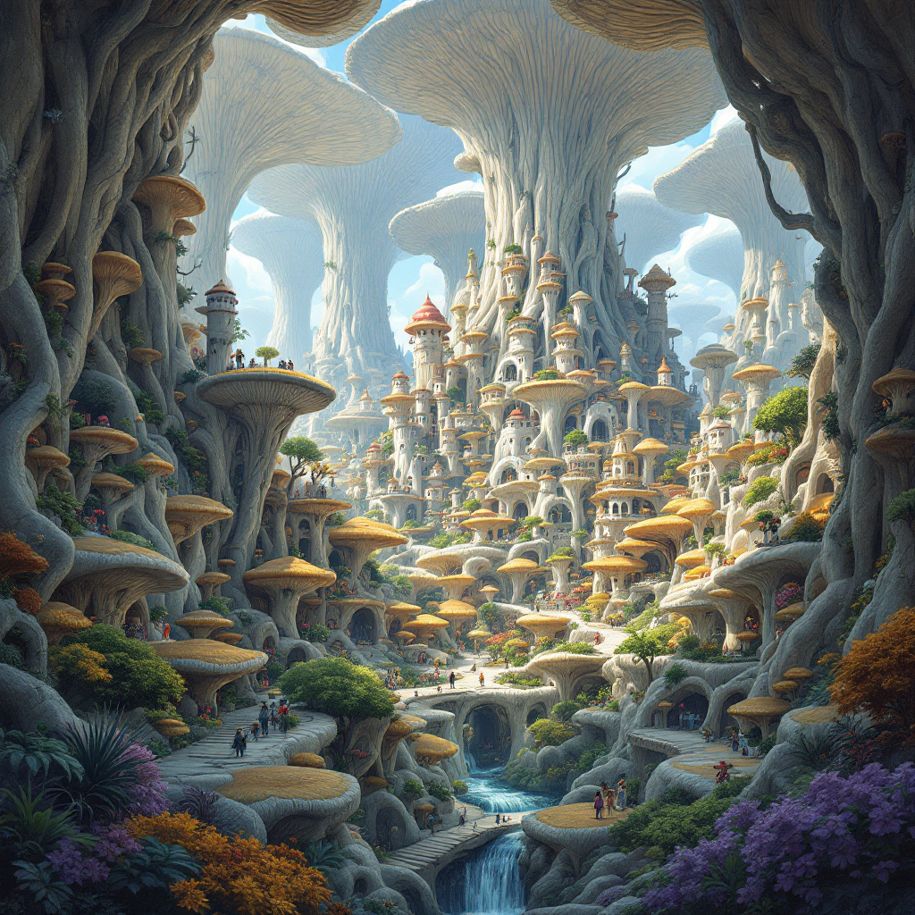 A sprawling fungal city blends into towering trees, with intricate, white-gray structures formed from generations of mushrooms, vibrant with life and nestled among lush greenery.