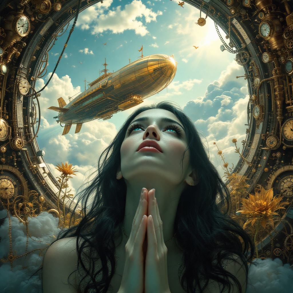 A woman gazes upwards with a hopeful expression, surrounded by a surreal scene of clouds and golden gears, while a majestic zeppelin floats in a vibrant sky, embodying the magic of imagination.