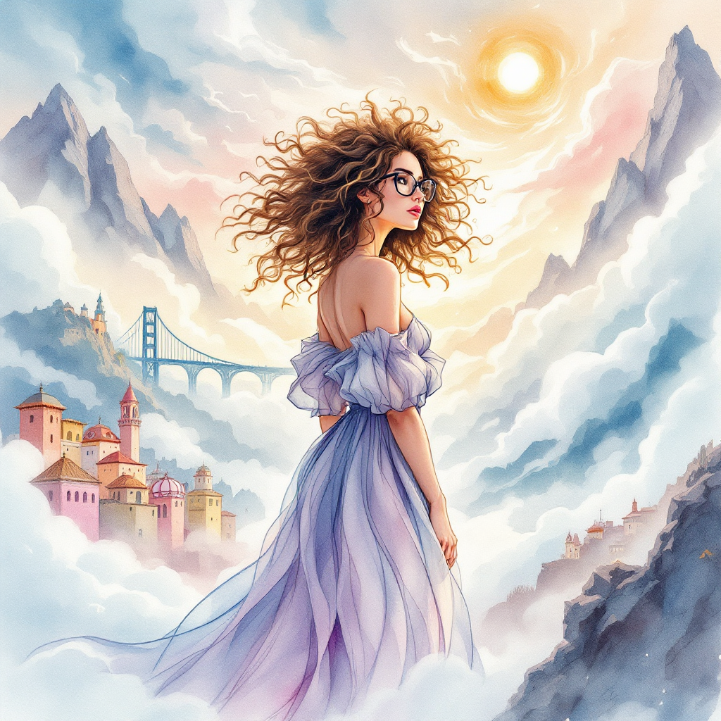 A thoughtful woman with curly hair stands in a dreamy landscape, gazing at a distant city and bridge, embodying the challenge of articulating problems to find solutions.