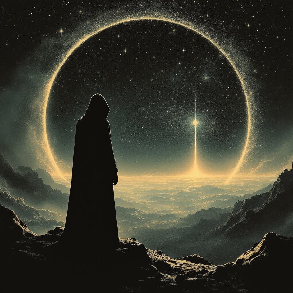 A cloaked figure stands before a starry landscape, illuminated by a glowing ring. The scene evokes the idea that dark and light realities coexist, echoing the profound book quote.