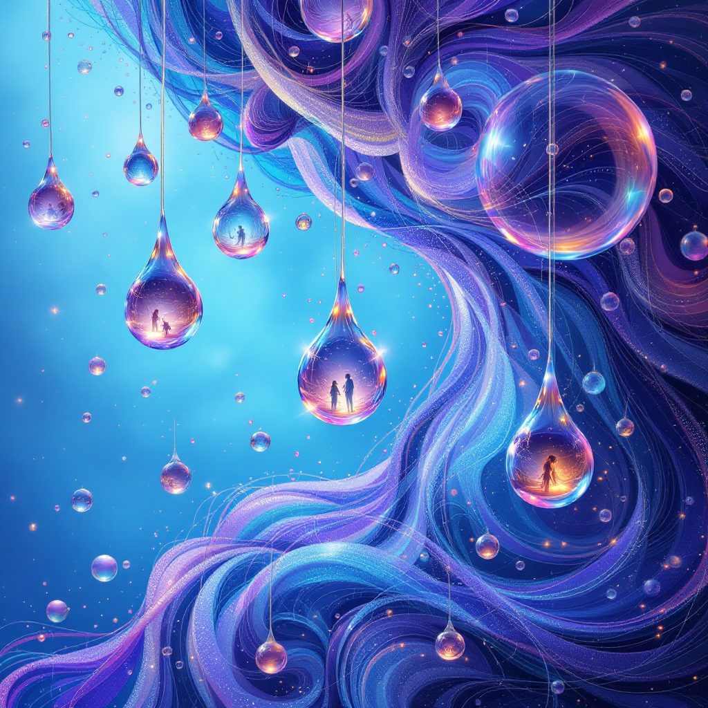 A swirling cascade of deep blues and purples, adorned with iridescent droplets that reflect abstract figures, symbolizing the unique rhythm of every story and life.