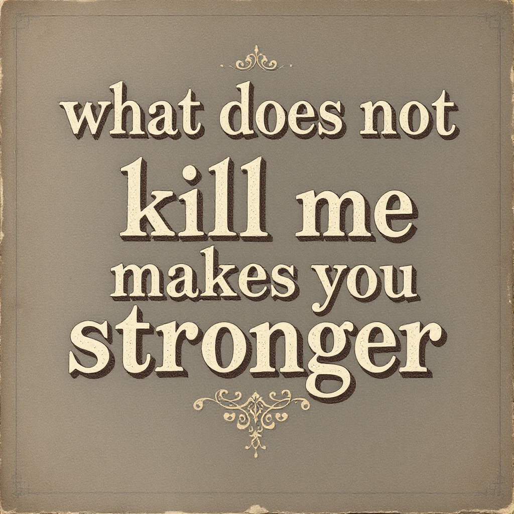 A vintage-style graphic featuring the quote, what does not kill me makes you stronger, set against a textured neutral background with decorative elements.