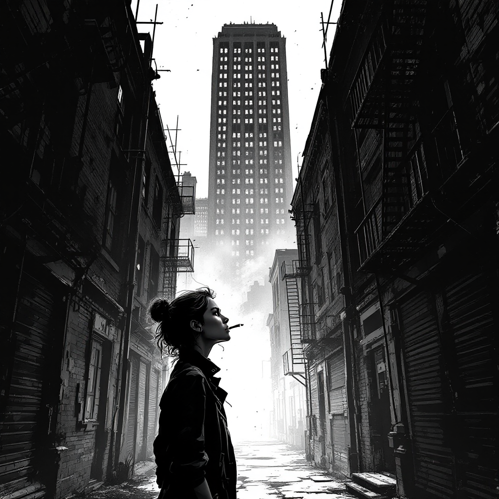 A silhouette of a young woman, cigarette in hand, stands in a narrow alleyway. Towering buildings loom behind her, evoking a sense of resilience against a stark urban backdrop.