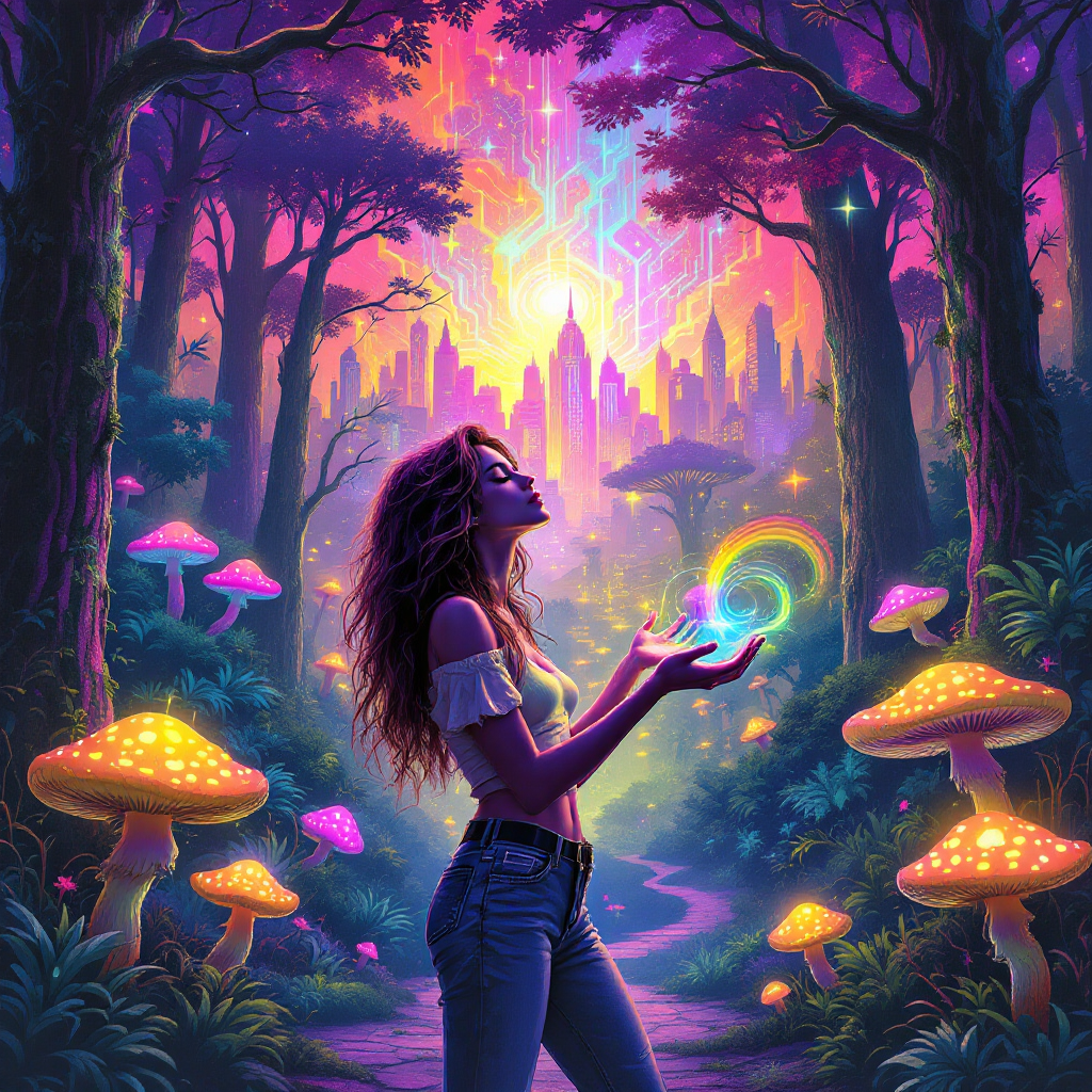 A young woman stands in a vibrant, mystical forest, surrounded by glowing mushrooms. She holds a swirling orb of light, embodying the quote: Magic is not just what you see; it’s what you believe.