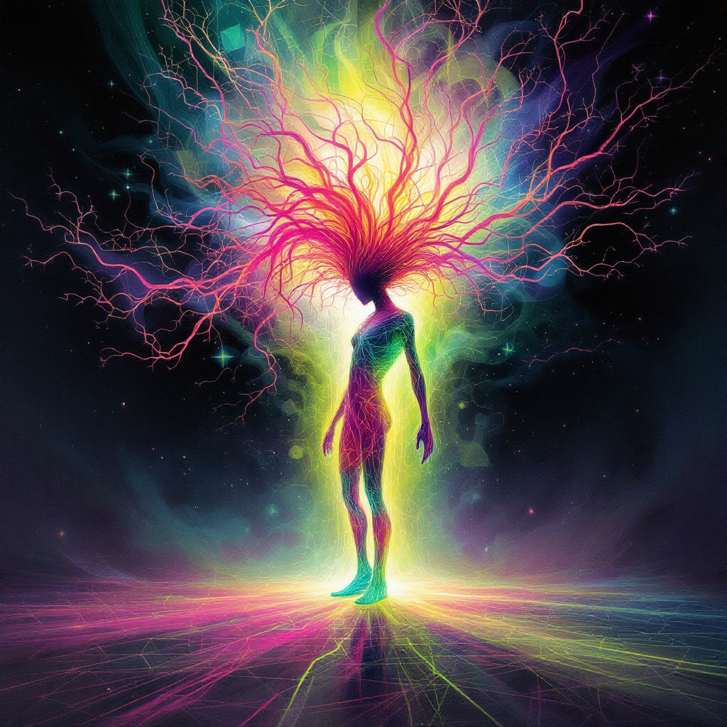 A vibrant figure stands in a cosmic setting, with radiant energy and colorful tendrils emanating from its head, evoking a powerful aura linked to the ominous quote about survival and despair.