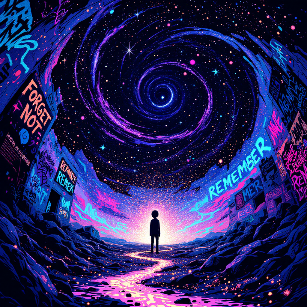 A silhouette stands on a winding path surrounded by vibrant cosmic colors, with signs reading Forget Not and Remember, evoking the struggle against forgetting and the essence of existence.