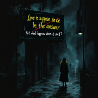 A dark alley illuminated by a solitary streetlight, with a figure in a long coat standing under a neon sign that reads, Love is supposed to be the answer, but what happens when it isn't?