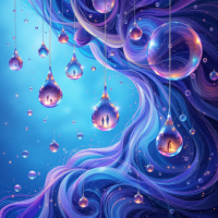 A swirling cascade of deep blues and purples, adorned with iridescent droplets that reflect abstract figures, symbolizing the unique rhythm of every story and life.