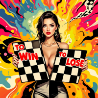 A confident woman holds two checkered flags, labeled To Win and To Lose, against a vibrant, swirling background, embodying the paradox of gain and loss from the quote.