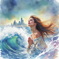 A woman stands by crashing waves, gazing upward with hope as a city skyline looms in the background, symbolizing the need to embrace change amidst uncertainty.