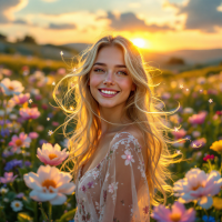 A joyful woman with long, flowing hair smiles amidst a vibrant flower field at sunset, embodying the quote, Hope is the strongest magic of all with her radiant joy and serene surroundings.