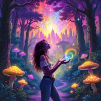 A young woman stands in a vibrant, mystical forest, surrounded by glowing mushrooms. She holds a swirling orb of light, embodying the quote: Magic is not just what you see; it’s what you believe.