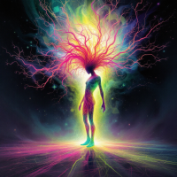 A vibrant figure stands in a cosmic setting, with radiant energy and colorful tendrils emanating from its head, evoking a powerful aura linked to the ominous quote about survival and despair.