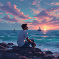 A person sits on rocks by the ocean, gazing at a vibrant sunset with soft clouds and distant sailboats, reflecting the idea that while money may not ensure happiness, it can ease life’s burdens.