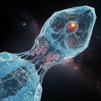 A translucent, ice-like organism with complex structures and glowing elements, set against a starry cosmic backdrop, exemplifying advanced biological forms emerging in hypercold environments.