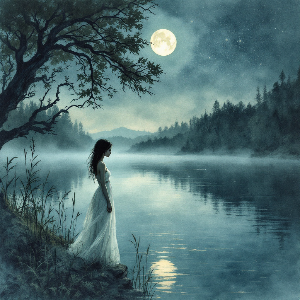 A woman in a flowing white dress stands by a serene river at night, illuminated by a large full moon, reflecting on the deep connection between existence and participation.