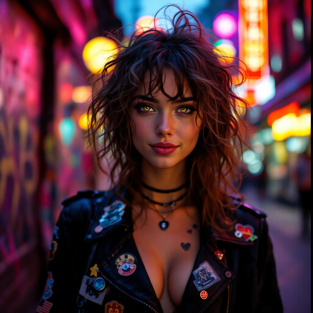 A confident young woman with wild hair and a striking leather jacket stands in a vibrant, illuminated street, capturing the essence of those mad to live from the quote.