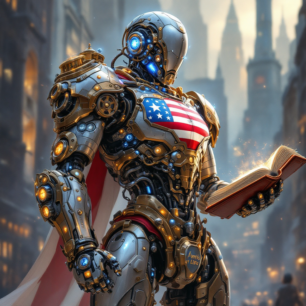 A futuristic robot adorned with the American flag holds a glowing book, symbolizing the idea that true patriotism demands action beyond mere words.