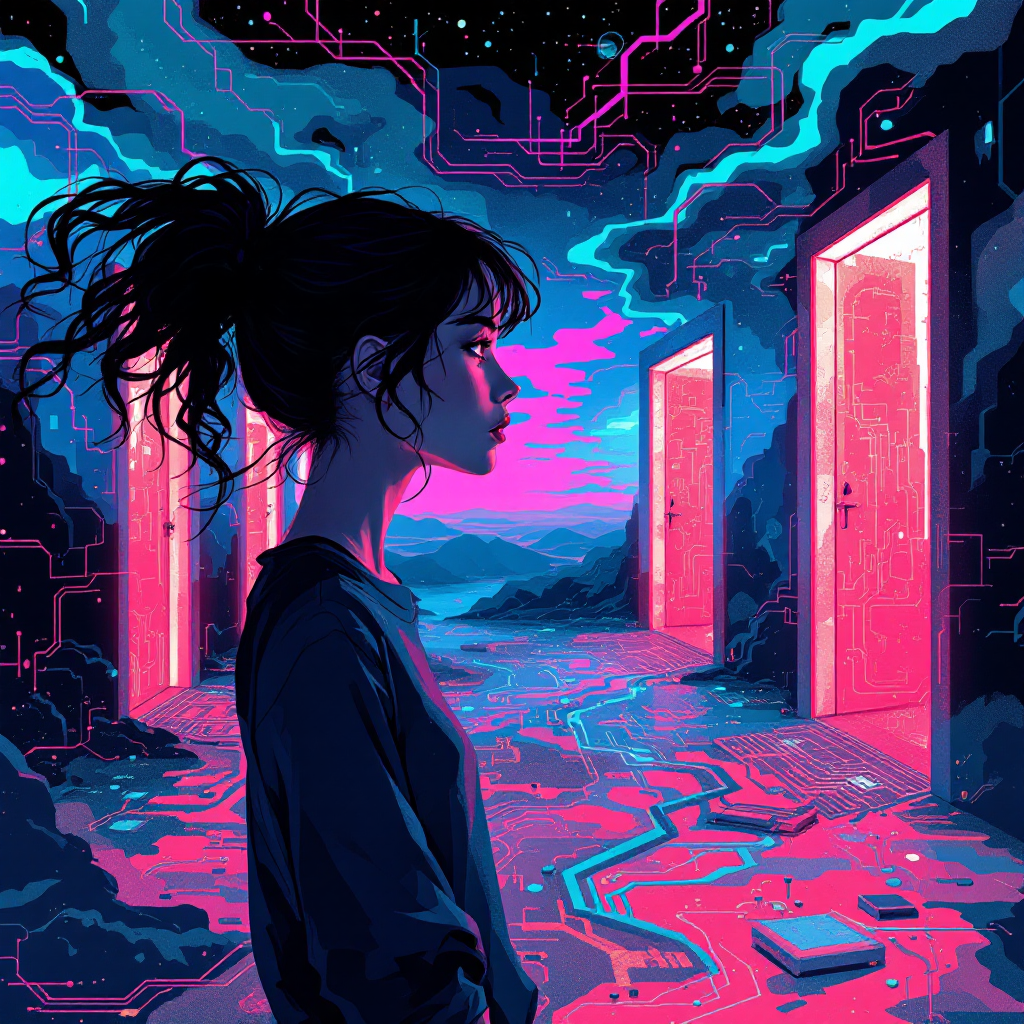 A young woman stands contemplatively before two glowing doors in a surreal landscape, symbolizing the weight of choices and their defining consequences.