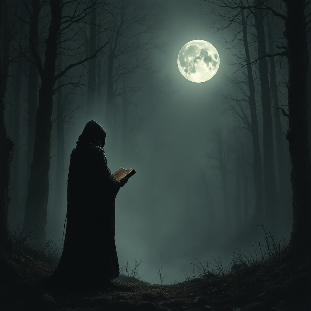 A cloaked figure stands in a misty forest, reading a book under a luminous full moon, embodying the quest for truth as mentioned in the quote about seeking knowledge.