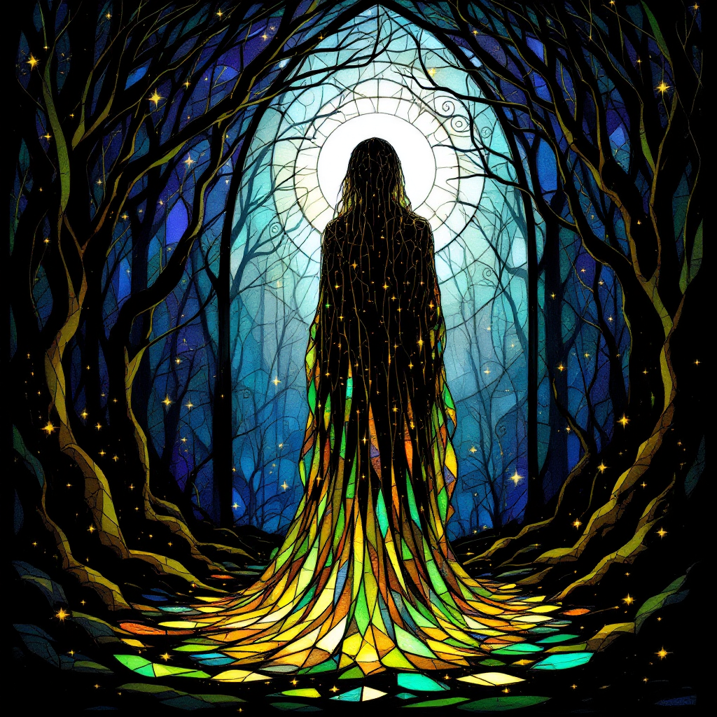 A silhouette of a figure with a flowing, colorful gown stands in a dark, forested area, illuminated by a radiant halo, embodying the quote, I was a stranger to myself.