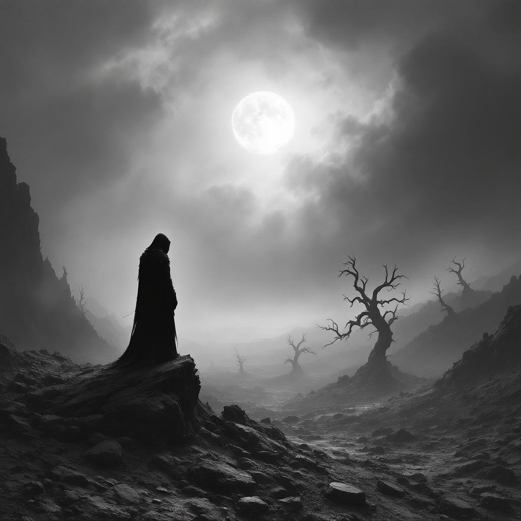 A somber figure in a dark cloak stands alone in a barren landscape under a full moon, evoking the despair of being unable to love, as suggested by the quote on hell.