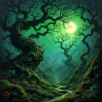 A mystical forest scene bathed in green light, with gnarled trees reaching toward a glowing moon, illustrating the idea that every answer leads to more questions.