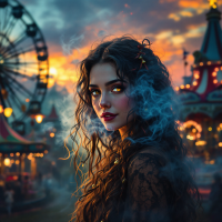 A woman with flowing dark hair and striking yellow eyes stands amidst swirling smoke at a vibrant fair, capturing the essence of mystery and the ease of disappearing.