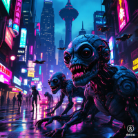 A dark, neon-lit cityscape features grotesque, humanoid monsters crawling through a rain-soaked street, embodying the quote, This inhuman place makes human monsters.