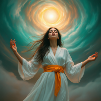 A serene woman in a flowing white robe with an orange sash raises her arms, surrounded by swirling clouds and a radiant light, embodying introspection and transformation.