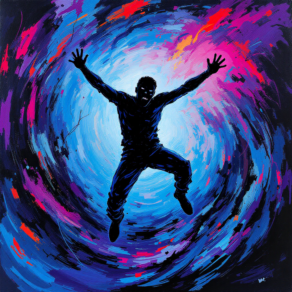 A silhouette of a person jumping into a vibrant, swirling vortex of blue, purple, and pink, embodying the quote about embracing danger to escape a trap.