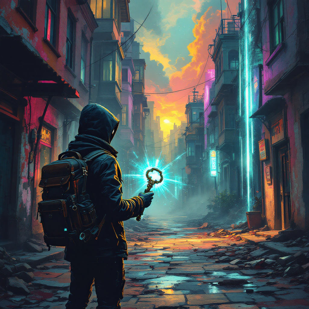 A figure in a hooded jacket stands in a vibrant, crumbling street at sunset, holding a glowing key-like object, symbolizing the exploration of the past to comprehend the present.