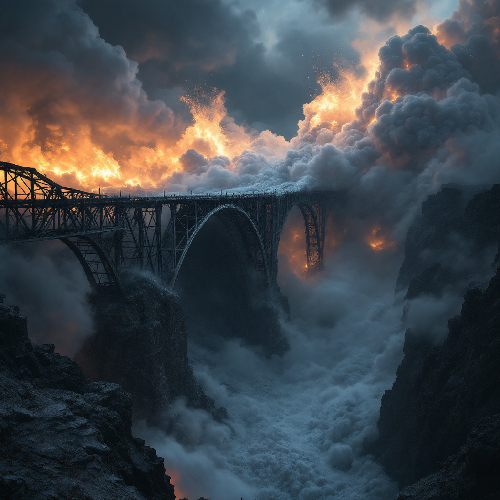 A dramatic scene of a crumbling bridge engulfed in swirling clouds of ammonia crystals and methane, with fiery flames illuminating the chasm below.