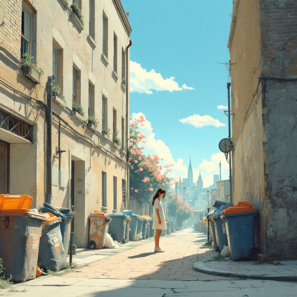 A girl stands in a sunlit alleyway surrounded by trash bins, vibrant flowers blooming nearby, highlighting the beauty found in mundane surroundings amidst a city backdrop.