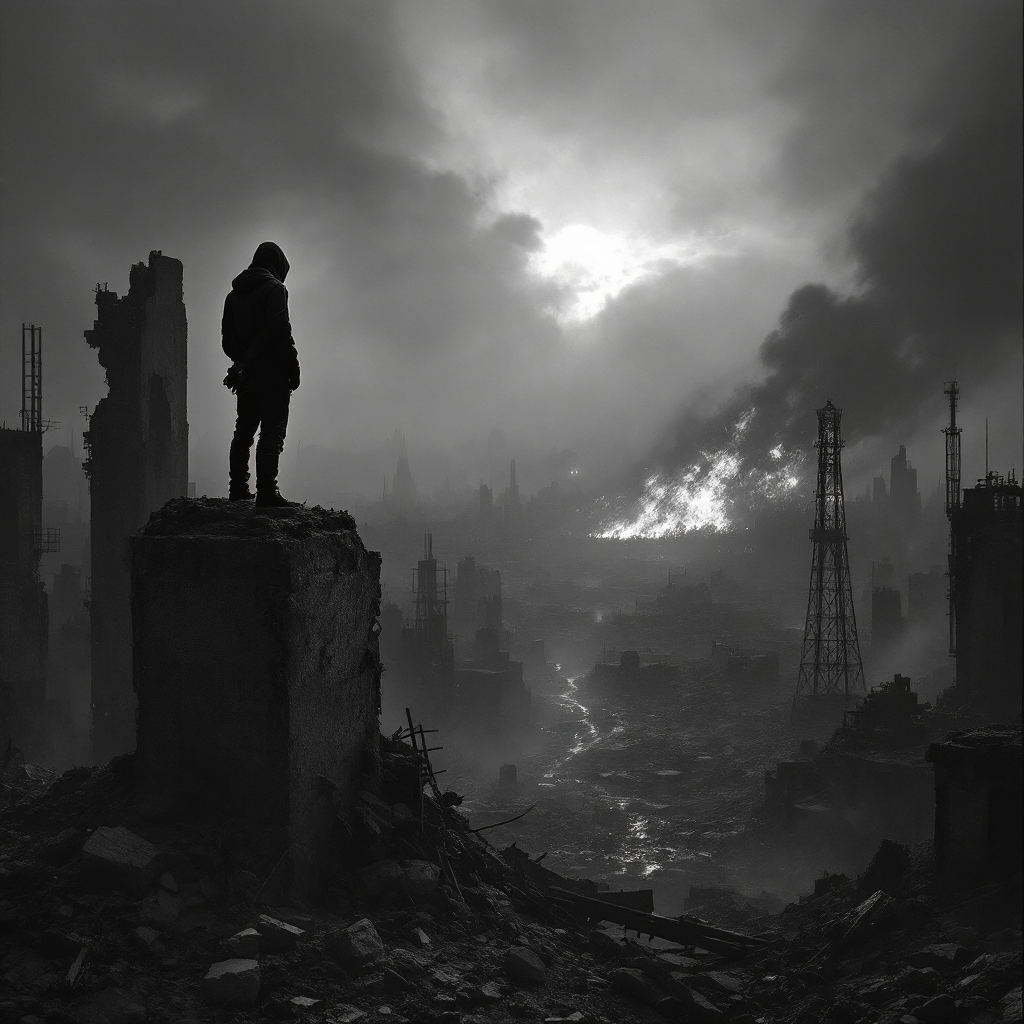 A solitary figure stands atop a crumbling structure, surveying a desolate landscape shrouded in smoke and shadows, embodying a moment of reckoning for humanity amidst devastation.