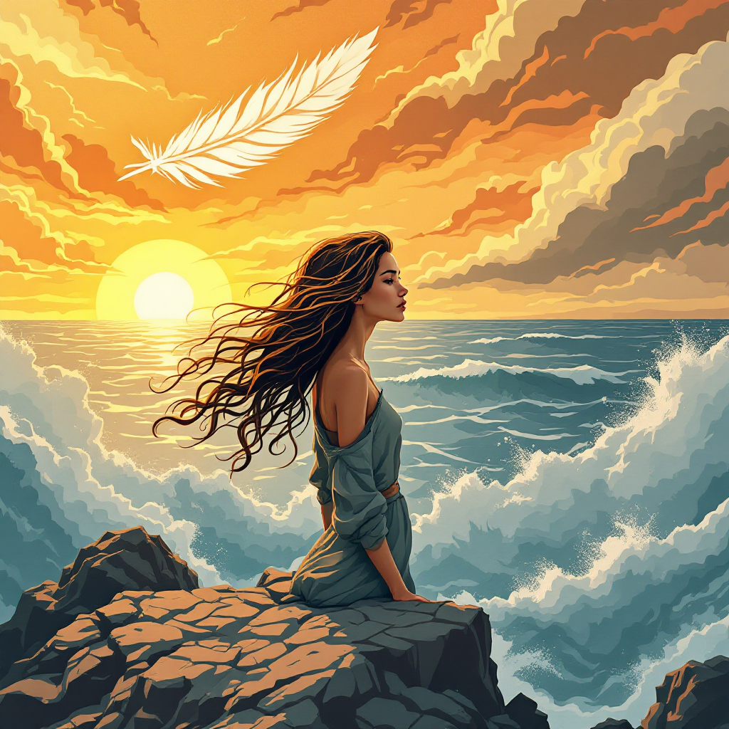 A woman with flowing hair sits on a rocky shore, gazing at the vibrant sunset and turbulent ocean, embodying courage and determination despite evident fear. A feather floats above her, symbolizing strength.