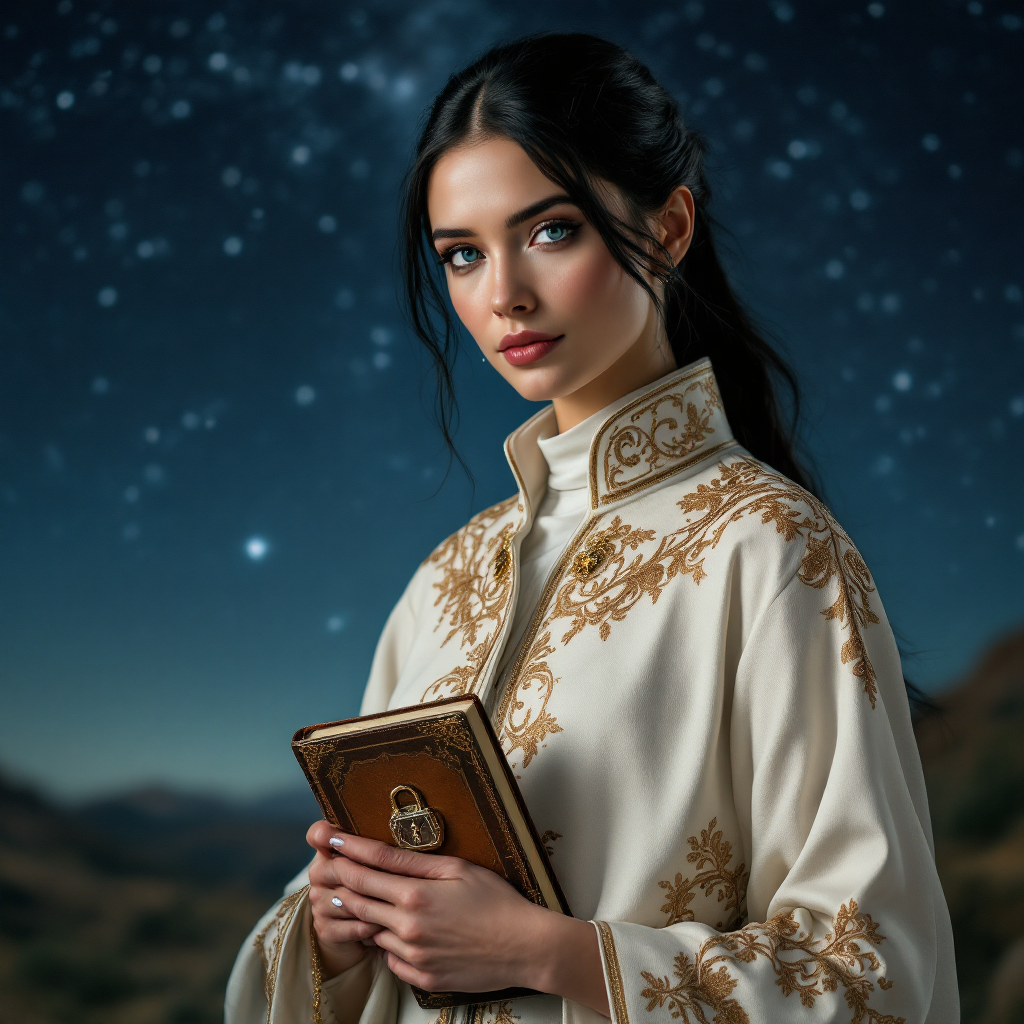 A young woman in a richly embroidered white garment stands against a starry night sky, holding a book, embodying the essence of the quote about truth as a matter of fact.