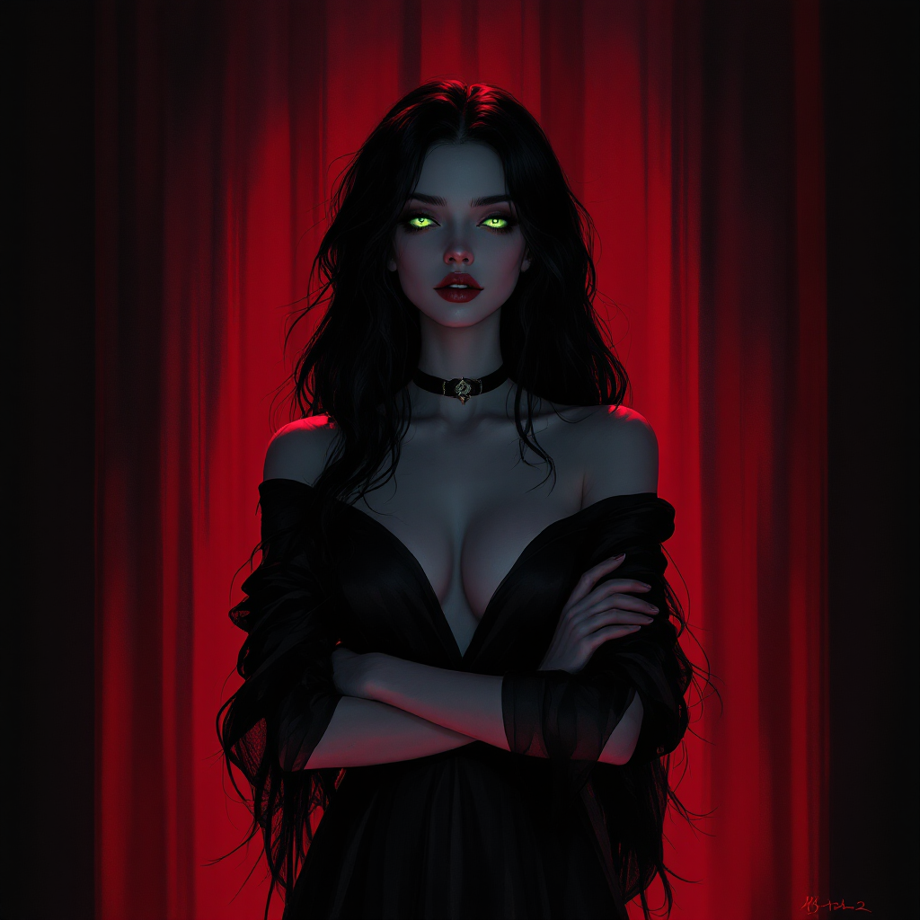 A confident young woman stands against a red curtain, her striking features accentuated by glowing eyes. She embodies resilience and strength, embracing her identity boldly.