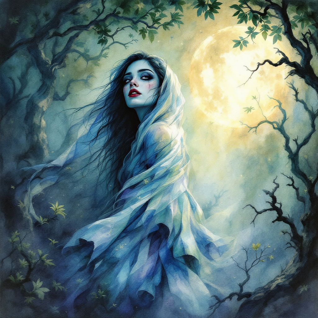 A haunting figure draped in a flowing, translucent garment stands in a mystical forest, surrounded by twisting branches and bathed in soft moonlight, embodying the quote about loss and transformation.