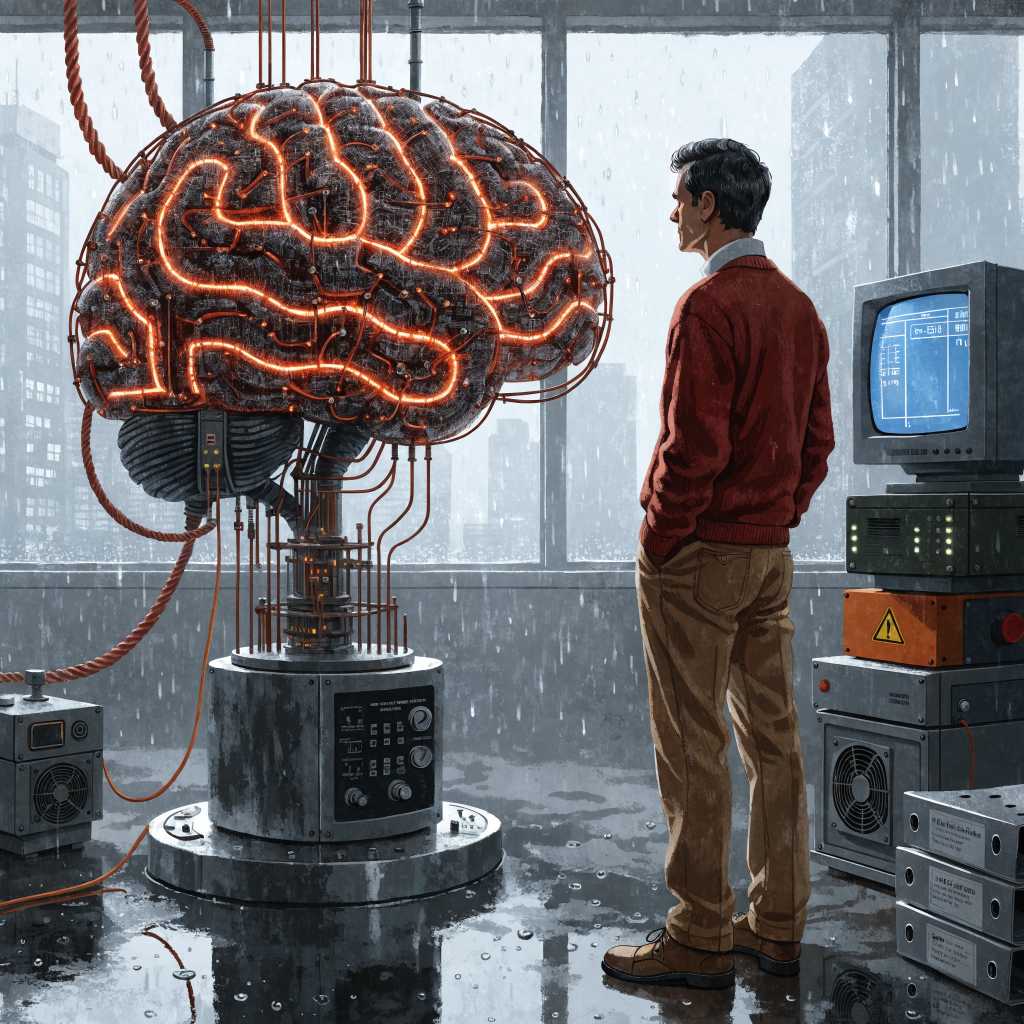 A glowing, intricate brain model connected with cables runs inside a lab, while a man in glasses observes it, reflecting the brain’s slowed processing pace.