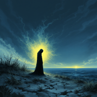 A shadowy figure stands on a barren landscape, illuminated by an eerie glow, embodying the haunting realization of life unlived amid a dramatic twilight seascape.