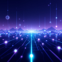 A vibrant, computer-generated landscape showcasing streaming lights and connections against a purple background, symbolizing the vast and interconnected nature of the Metaverse.