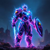 A powerful, armored warrior radiates electric energy, holding a shield and sword, set against a dark, ominous landscape, embodying the strength of the Imperium.