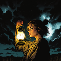 A young woman stands holding a lantern, illuminating her face against a backdrop of dark, stormy clouds, embodying the quote: Hope is the light that guides us through the darkest of times.