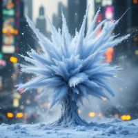 A surreal scene of a blue, icy tree that bursts upward, set against a vibrant, bustling city backdrop, encapsulating the idea of stepping outside one's comfort zone to grow.